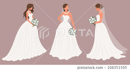 Set of brides in a white wedding dress with a bridal bouquet. Luxurious wedding dresses for brides. Illustration, vector Set of brides in a white wedding dress with a bridal bouquet. Luxurious wedding dresses for brides. Illustration, vector 108351505