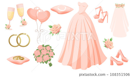 Wedding set of clothes and accessories for the bride, wedding dress, rings, necklace, shoes, veil, champagne glasses, bouquet, balloons. Design elements, vector Wedding set of clothes and accessories for the bride, wedding dress, rings, necklace, shoes, veil, champagne glasses, bouquet, balloons. Design elements, vector 108351506