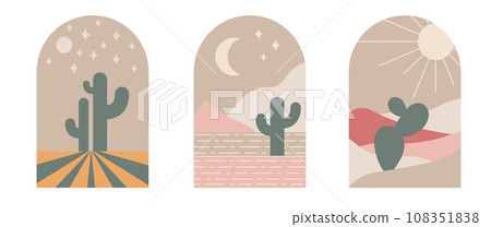 Boho boho logo cactus set in minimal style. Landscape, cactus logo design templates in boho color, geometric abstract design for decoration. Boho boho logo cactus set in minimal style. Landscape, cactus logo design templates in boho color, geometric abstract design for decoration. 108351838