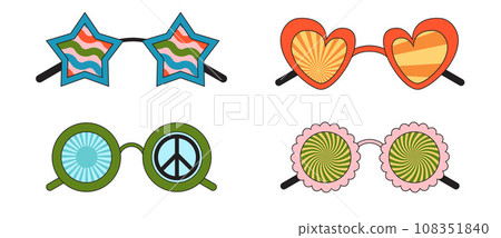 Groovy sunglasses. Collection of hippie sunglasses in trendy groovy style. Groovy sunglasses. Collection of hippie sunglasses in trendy groovy style. 108351840