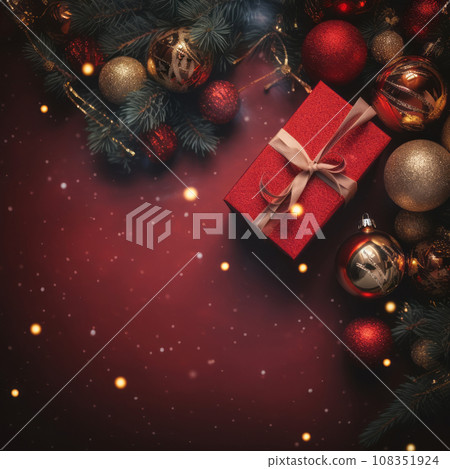 Festive Christmas or New Year red background with decorations and a fir tree. AI content. 108351924