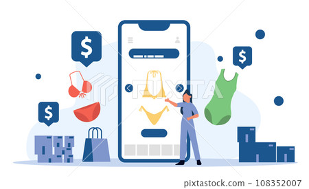 Modern flat vector illustration with woman using her smartphone to purchase products online from a mobile commerce app and secure payment with credit card. Convenience and simplicity online shopping Modern flat vector illustration with woman using her smartphone to purchase products online from a mobile commerce app and secure payment with credit card. Convenience and simplicity online shopping 108352007