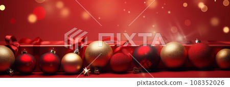Christmas red podium with festive balls and bokeh. AI content. Christmas red podium with festive balls and bokeh. AI content. 108352026