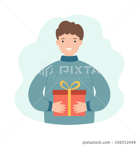A man holds a Christmas present. Concept for winter holidays. A man holds a Christmas present. Concept for winter holidays. 108352049