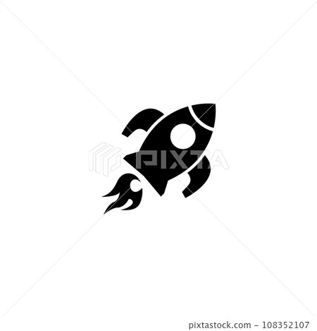 Flying Rocket Ship with Fire, Start Up. Flat Vector Icon illustration. Simple black symbol on white background. Flying Rocket Ship with Fire Start Up sign design template for web and mobile UI 108352107