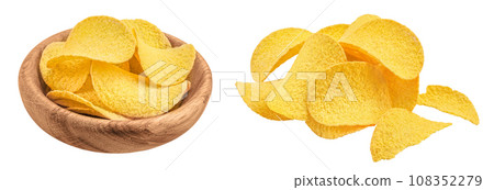Potato chips in wooden bowl isolated on white background with  full depth of field. 108352279