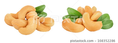 Roasted Cashew nuts with leaf isolated on white background with  full depth of field. 108352286