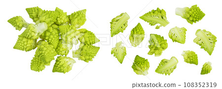 Romanesco broccoli cabbage or Roman Cauliflower isolated on white background. Top view. Flat lay Romanesco broccoli cabbage or Roman Cauliflower isolated on white background. Top view. Flat lay 108352319