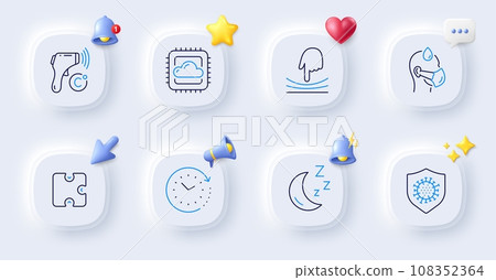 Sick man, Electronic thermometer and Elastic line icons. Buttons with 3d bell, chat speech, cursor. Pack of Time change, Puzzle, Moon icon. Cloud computing, Coronavirus pictogram. Vector Sick man, Electronic thermometer and Elastic line icons. Buttons with 3d bell, chat speech, cursor. Pack of Time change, Puzzle, Moon icon. Cloud computing, Coronavirus pictogram. Vector 108352364
