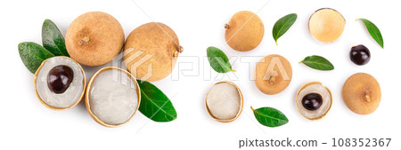 Fresh longan fruit with leaves isolated on white background. Top view. Flat lay 108352367