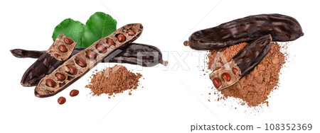 Carob pod and powder isolated on white background with full depth of field. 108352369