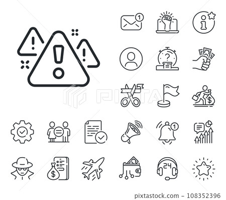 Attention triangle sign. Salaryman, gender equality and alert bell outline icons. Warning line icon. Caution alert symbol. Warning line sign. Spy or profile placeholder icon. Vector Attention triangle sign. Salaryman, gender equality and alert bell outline icons. Warning line icon. Caution alert symbol. Warning line sign. Spy or profile placeholder icon. Vector 108352396