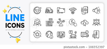 Team work, Buy currency and Loud sound line icons set for app include Internet, Delivery truck, Squad outline thin icon. Conversation messages, Lounge, Phone charging pictogram icon. Vector Team work, Buy currency and Loud sound line icons set for app include Internet, Delivery truck, Squad outline thin icon. Conversation messages, Lounge, Phone charging pictogram icon. Vector 108352397
