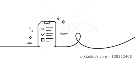 Checklist Document line icon. Continuous one line with curl. Information File sign. Paper page concept symbol. Interview single outline ribbon. Loop curve pattern. Vector Checklist Document line icon. Continuous one line with curl. Information File sign. Paper page concept symbol. Interview single outline ribbon. Loop curve pattern. Vector 108352468