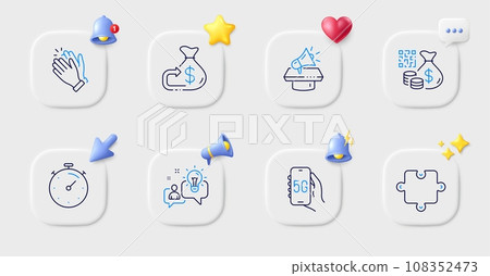 Megaphone, Puzzle and Idea line icons. Buttons with 3d bell, chat speech, cursor. Pack of Qr code, 5g internet, Clapping hands icon. Timer, Cashback pictogram. For web app, printing. Vector Megaphone, Puzzle and Idea line icons. Buttons with 3d bell, chat speech, cursor. Pack of Qr code, 5g internet, Clapping hands icon. Timer, Cashback pictogram. For web app, printing. Vector 108352473