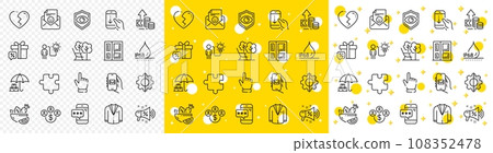 Outline Phone password, Eye detect and Business idea line icons pack for web with Transform, Puzzle, Broken heart line icon. Cursor, Entrance, Deckchair pictogram icon. Buying currency. Vector 108352478