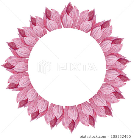 Watercolor wreath with lilac magnolia flowers. Botanical hand drawn illustration with buds of wild Japanese flowers in a circle Watercolor wreath with lilac magnolia flowers. Botanical hand drawn illustration with buds of wild Japanese flowers in a circle 108352490