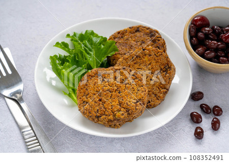 Vegan bean burgers, patties or cakes, top view. 108352491