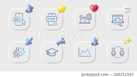 Phone image, Internet and Diagram line icons. Buttons with 3d bell, chat speech, cursor. Pack of Fake news, Workflow, Energy inflation icon. Video conference, Graduation cap pictogram. Vector 108352587