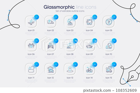 Set of Eu close borders, Pin and Bus line icons for web app. Garage, Eco power, Bike icons. Truck parking, Delivery, Hold box signs. Honeymoon travel, No parking, Gas price. Vector 108352609