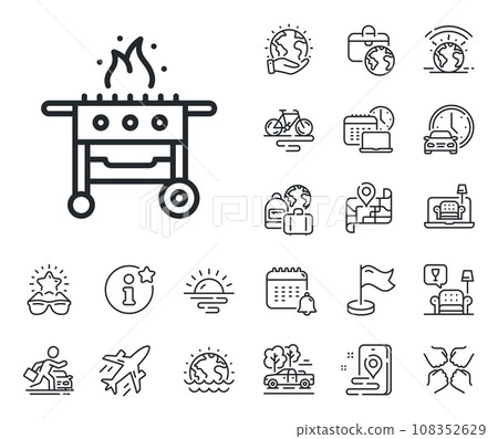 Barbecue cooker for cooking food sign. Plane jet, travel map and baggage claim outline icons. Gas grill line icon. Meat brazier symbol. Gas grill line sign. Car rental, taxi transport icon. Vector Barbecue cooker for cooking food sign. Plane jet, travel map and baggage claim outline icons. Gas grill line icon. Meat brazier symbol. Gas grill line sign. Car rental, taxi transport icon. Vector 108352629