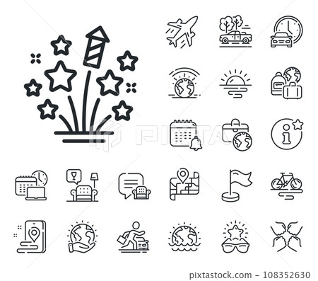 Pyrotechnic salute sign. Plane jet, travel map and baggage claim outline icons. Fireworks stars line icon. Carnival celebration lights symbol. Fireworks stars line sign. Vector Pyrotechnic salute sign. Plane jet, travel map and baggage claim outline icons. Fireworks stars line icon. Carnival celebration lights symbol. Fireworks stars line sign. Vector 108352630