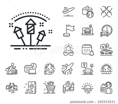 Pyrotechnic salute sign. Plane jet, travel map and baggage claim outline icons. Fireworks rocket line icon. Carnival celebration lights symbol. Fireworks rocket line sign. Vector Pyrotechnic salute sign. Plane jet, travel map and baggage claim outline icons. Fireworks rocket line icon. Carnival celebration lights symbol. Fireworks rocket line sign. Vector 108352631