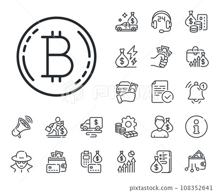 Cryptocurrency coin sign. Cash money, loan and mortgage outline icons. Bitcoin line icon. Crypto money symbol. Bitcoin line sign. Credit card, crypto wallet icon. Inflation, job salary. Vector 108352641