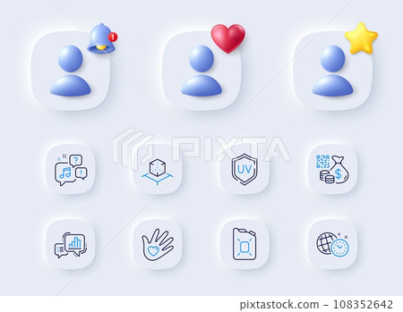 Augmented reality, Time management and Voicemail line icons. Placeholder with 3d bell, star, heart. Pack of Social responsibility, Canister oil, Uv protection icon. Vector 108352642