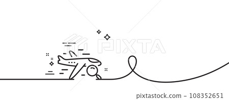 Search flight line icon. Continuous one line with curl. Find travel sign. Magnify glass. Search flight single outline ribbon. Loop curve pattern. Vector 108352651