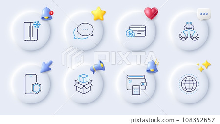Wallet, Payment method and Dots message line icons. Buttons with 3d bell, chat speech, cursor. Pack of Packing boxes, Globe, Refrigerator icon. Phone protect, Ship pictogram. Vector 108352657