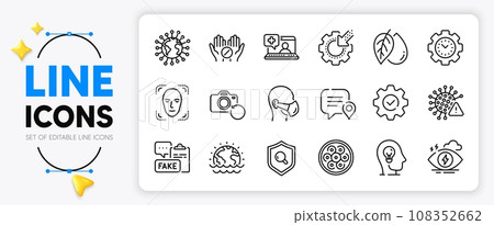 Cable section, Time management and Recovery photo line icons set for app include Face detection, Mineral oil, Medical help outline thin icon. Medical tablet, Covid virus, Stress pictogram icon. Vector Cable section, Time management and Recovery photo line icons set for app include Face detection, Mineral oil, Medical help outline thin icon. Medical tablet, Covid virus, Stress pictogram icon. Vector 108352662