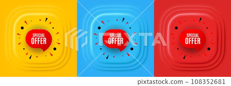 Special offer sticker. Neumorphic offer banner, flyer or poster. Discount banner shape. Sale coupon bubble icon. Special offer promo event banner. 3d square buttons. Special deal coupon. Vector Special offer sticker. Neumorphic offer banner, flyer or poster. Discount banner shape. Sale coupon bubble icon. Special offer promo event banner. 3d square buttons. Special deal coupon. Vector 108352681