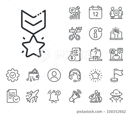 Ranking star sign. Salaryman, gender equality and alert bell outline icons. Winner medal line icon. Best rank symbol. Winner medal line sign. Spy or profile placeholder icon. Vector Ranking star sign. Salaryman, gender equality and alert bell outline icons. Winner medal line icon. Best rank symbol. Winner medal line sign. Spy or profile placeholder icon. Vector 108352682