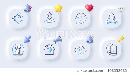 Medical mask, Resilience and Water splash line icons. Buttons with 3d bell, chat speech, cursor. Pack of Face biometrics, Update time, Recovered person icon. Vector Medical mask, Resilience and Water splash line icons. Buttons with 3d bell, chat speech, cursor. Pack of Face biometrics, Update time, Recovered person icon. Vector 108352683