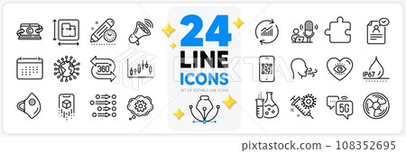 Icons set of Augmented reality, Chemistry flask and Copywriting notebook line icons pack for app with Order, Waterproof, Puzzle thin outline icon. Coronavirus, Breathing exercise. Vector 108352695