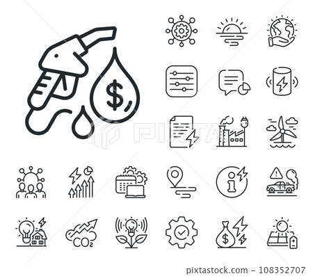 Filling gas station sign. Energy, Co2 exhaust and solar panel outline icons. Petrol station line icon. Diesel fuel symbol. Petrol station line sign. Eco electric or wind power icon. Vector 108352707
