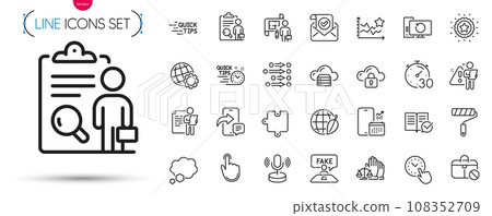 Pack of Hand click, Phone message and Microphone line icons. Include Winner star, Recovery computer, Confirmed mail pictogram icons. Search employee, Quick tips, Jobless signs. Vector 108352709