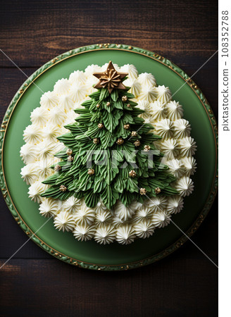 Christmas tree-shaped cake with green and white cream Christmas tree-shaped cake with green and white cream 108352788