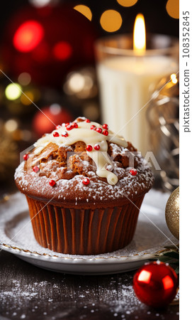 Tasty Christmas cupcake with snowflakes and festive decor on wooden table. 108352845