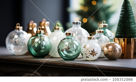 Elegant Christmas glass decorations. Trendy details of a modern holiday. Glass Christmas balls. Elegant Christmas glass decorations. Trendy details of a modern holiday. Glass Christmas balls. 108352866