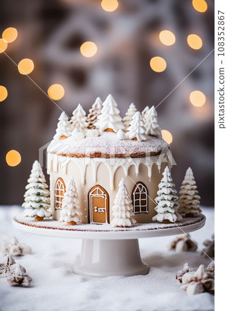 Christmas cake decorated with gingerbread trees and houses on a white background with unfocused golden lights. Hand decorated. Christmas cake decorated with gingerbread trees and houses on a white background with unfocused golden lights. Hand decorated. 108352867