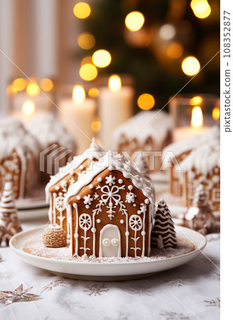 Christmas gingerbread house decoration on white background of defocused golden lights. Hand decorated. Christmas gingerbread house decoration on white background of defocused golden lights. Hand decorated. 108352877