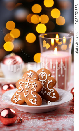 Christmas gingerbread house decoration on white background of defocused golden lights. Hand decorated. Christmas gingerbread house decoration on white background of defocused golden lights. Hand decorated. 108352878