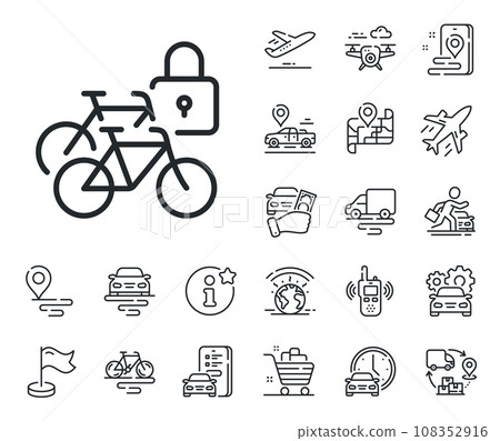 Lock bike transport sign. Plane, supply chain and place location outline icons. Bicycle lockers line icon. Outdoor parking place symbol. Bicycle lockers line sign. Vector 108352916