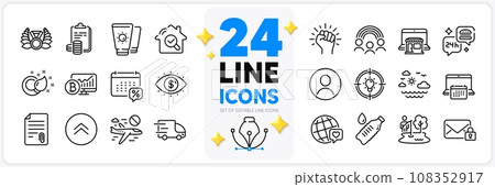 Icons set of Swipe up, Business vision and Paint brush line icons pack for app with Cancel flight, Inspect, Sunscreen thin outline icon. Truck delivery, World brand, Headshot pictogram. Vector 108352917
