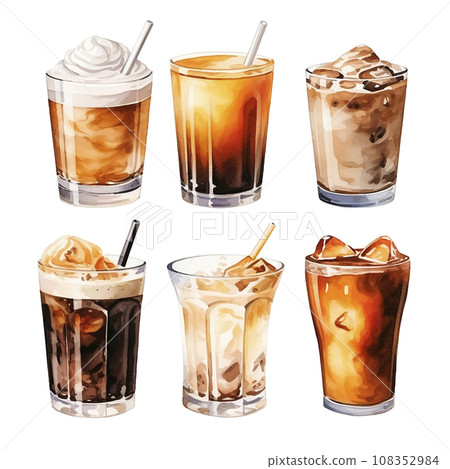 watercolor drawing, set with coffee drinks in glasses. sweet cold coffee drinks with milk and whipped cream. 108352984
