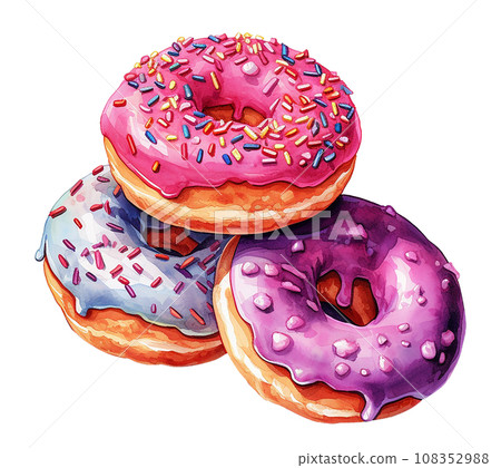 watercolor drawing, sweet donuts. dessert, pastries, donuts with glaze, strawberries and chocolate. watercolor drawing, sweet donuts. dessert, pastries, donuts with glaze, strawberries and chocolate. 108352988