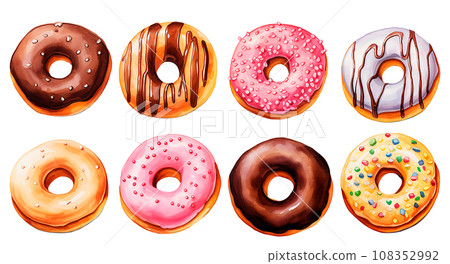 watercolor drawing, set of sweet donuts. dessert, pastries, donuts with glaze, strawberries and chocolate. 108352992