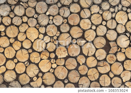Stacking Wooden Logs. Wall of stacked wood logs as background 108353024